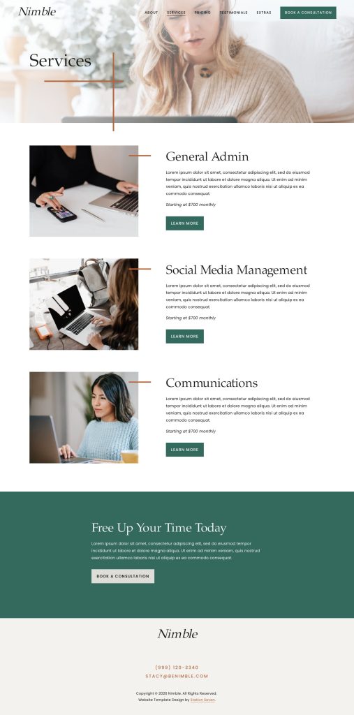The Services page of the Nimble Squarespace template