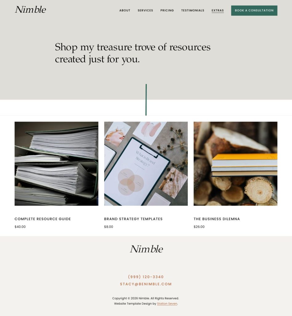 The Shop page of the Nimble Squarespace template