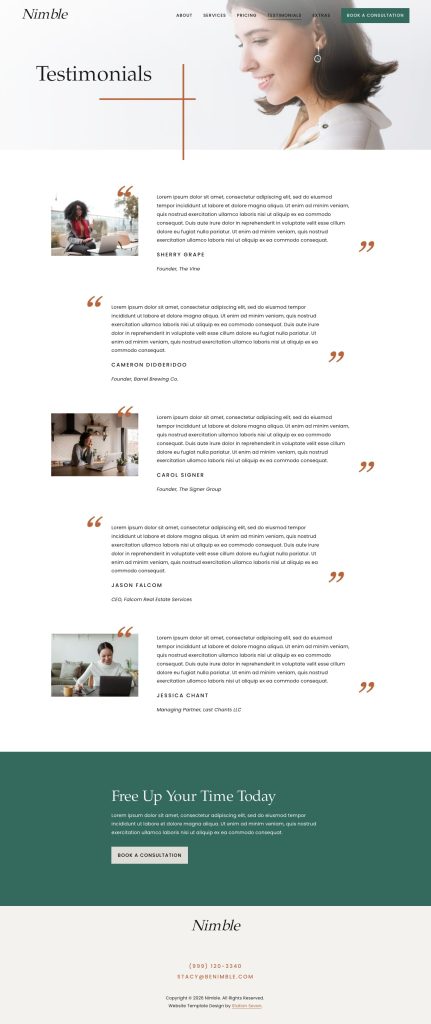 The Testimonials page of the Nimble Squarespace template