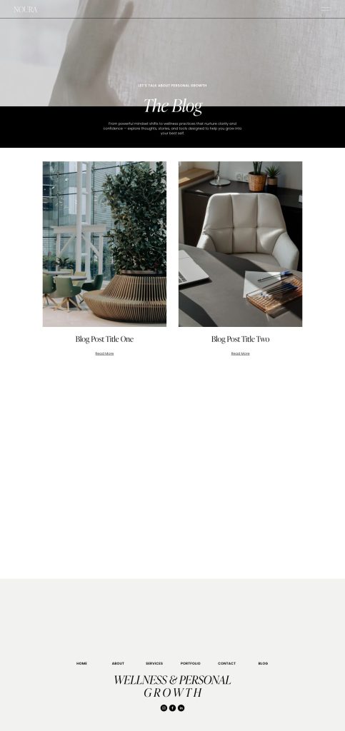 The Blog page of the Noura Squarespace template