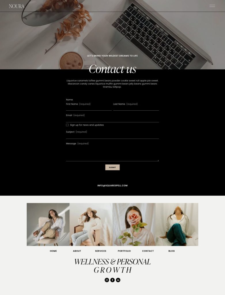 The Contact page of the Noura Squarespace template