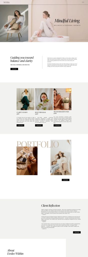 The Home page of the Noura Squarespace template