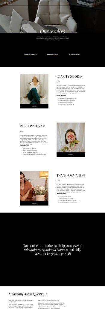 The Services page of the Noura Squarespace template