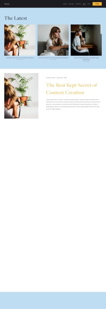 The Blog page of the Nova Squarespace template