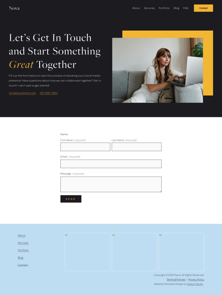 The Contact page of the Nova Squarespace template