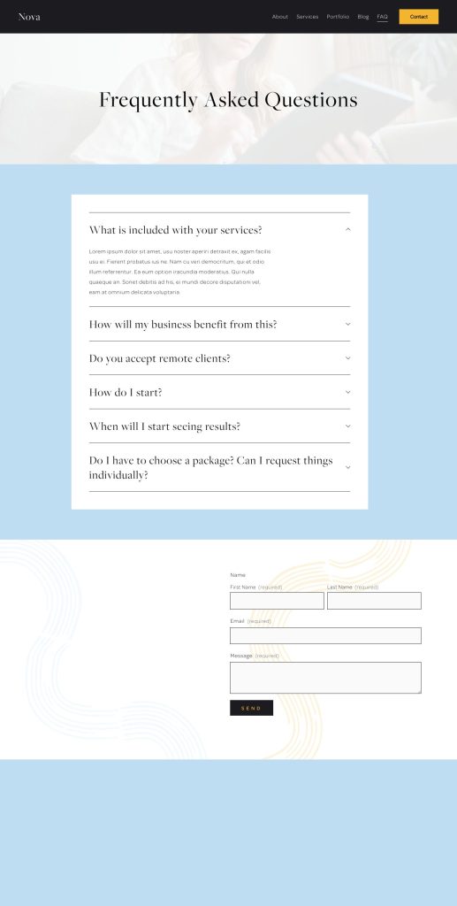The FAQ page of the Nova Squarespace template