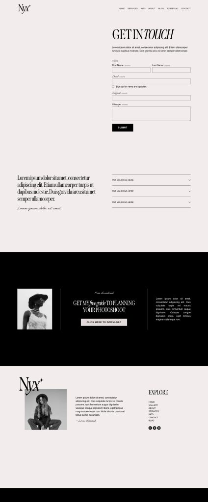 The Nyx Contact page, top to bottom