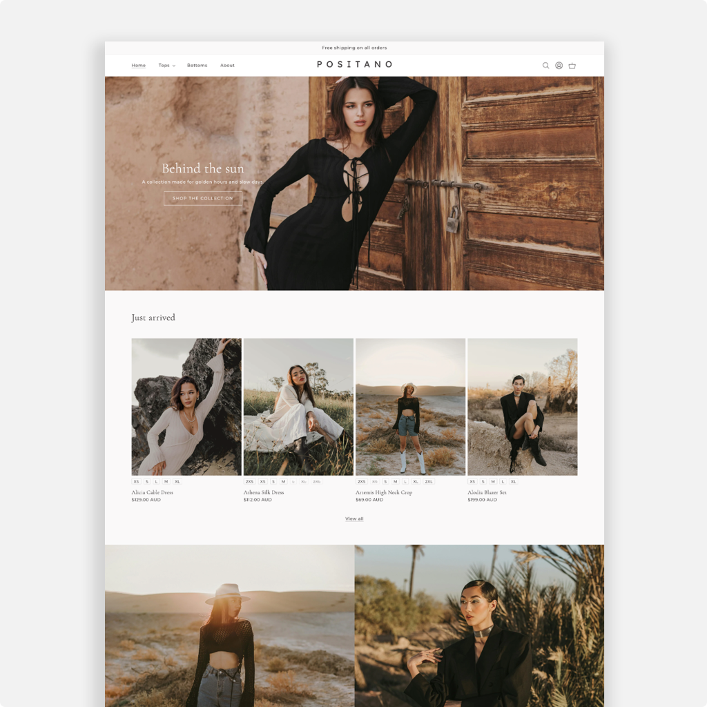Positano Shopify theme by Studio Mayde — the homepage design shown on a desktop screen