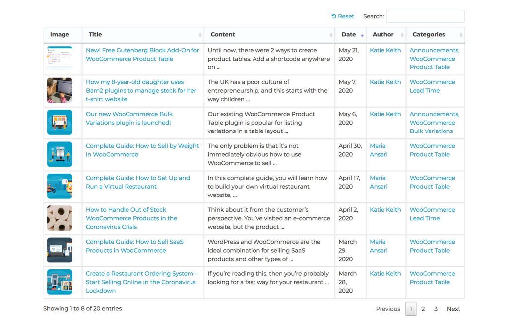 Posts Table with Search & Sort: choosing which columns appear so users can access post information quickly