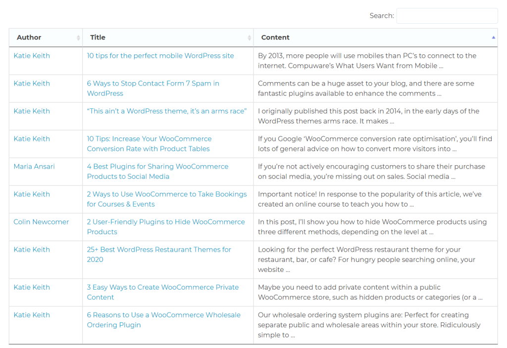 Posts Table with Search & Sort: a posts table sorted by one of its columns