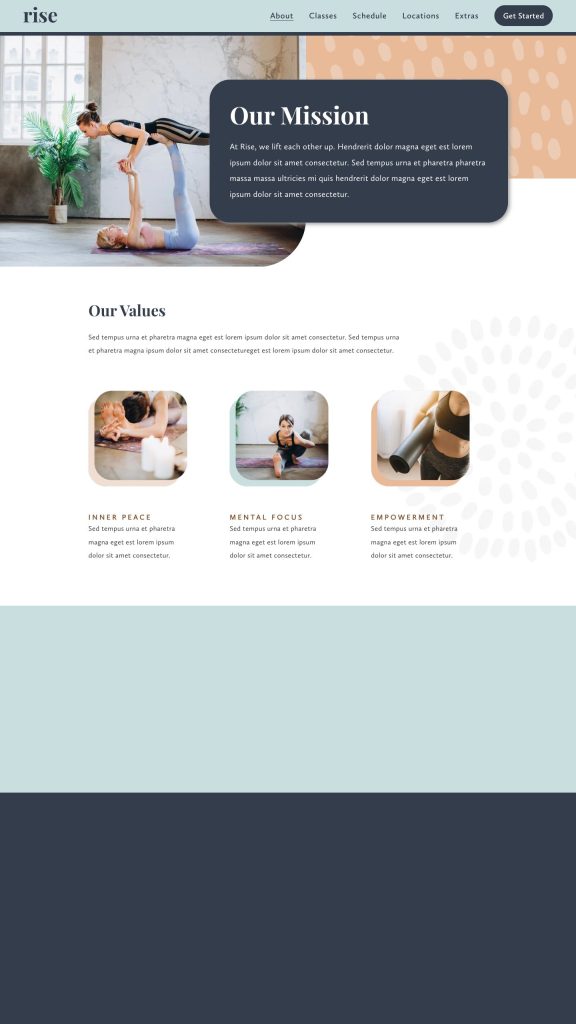 The About Us page of the Rise Squarespace template