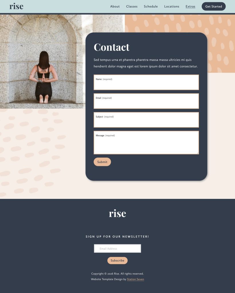 The Contact page of the Rise Squarespace template