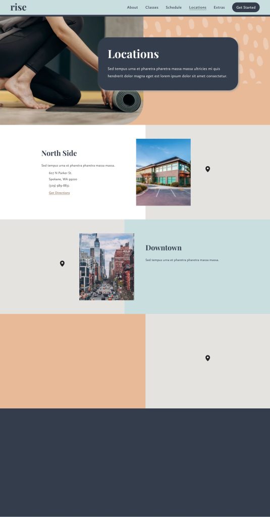 The Locations page of the Rise Squarespace template