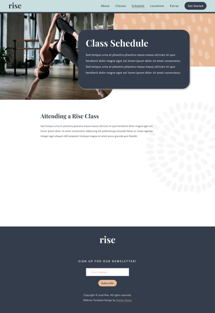 The Schedule page of the Rise Squarespace template