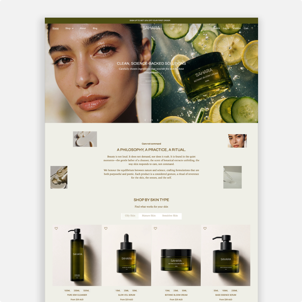 Sahara Shopify theme by Studio Mayde — the homepage design shown on a desktop screen