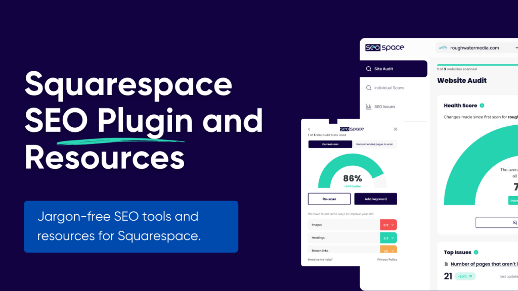 SEOSpace's brand tile: "Squarespace SEO Plugin and Resources" in white on navy, the line "Jargon-free SEO tools and resources for Squarespace", beside the dashboard and extension showing an 86 per cent score