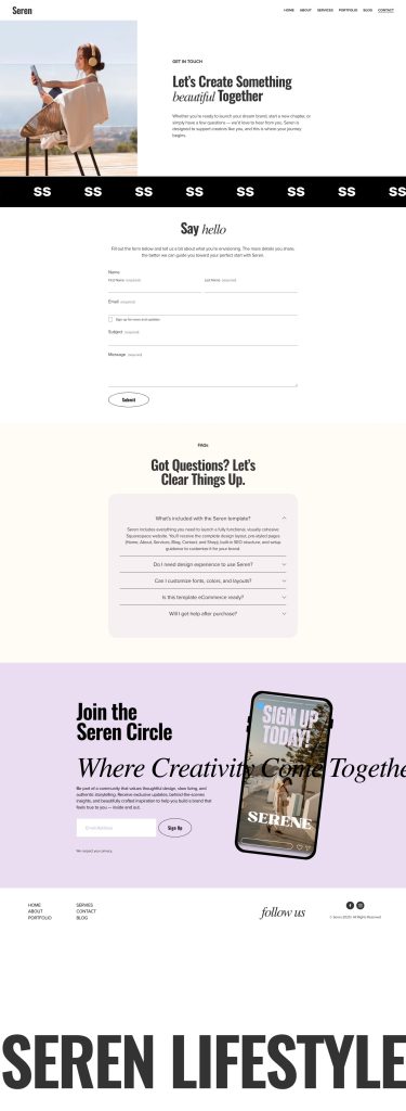 The Contact page of the Seren Squarespace template