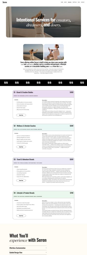 The Services page of the Seren Squarespace template
