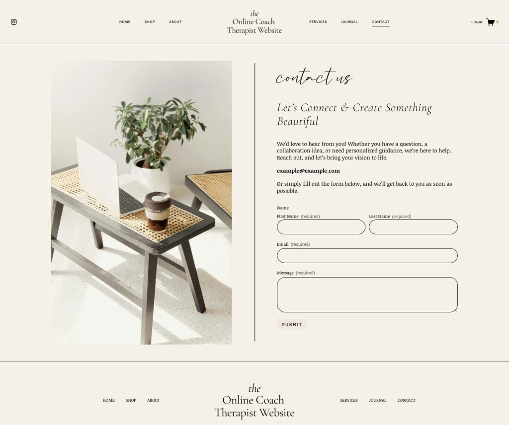 The Contact page of the Serene Squarespace template