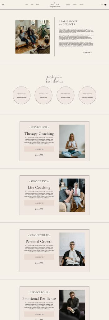 The Services page of the Serene Squarespace template