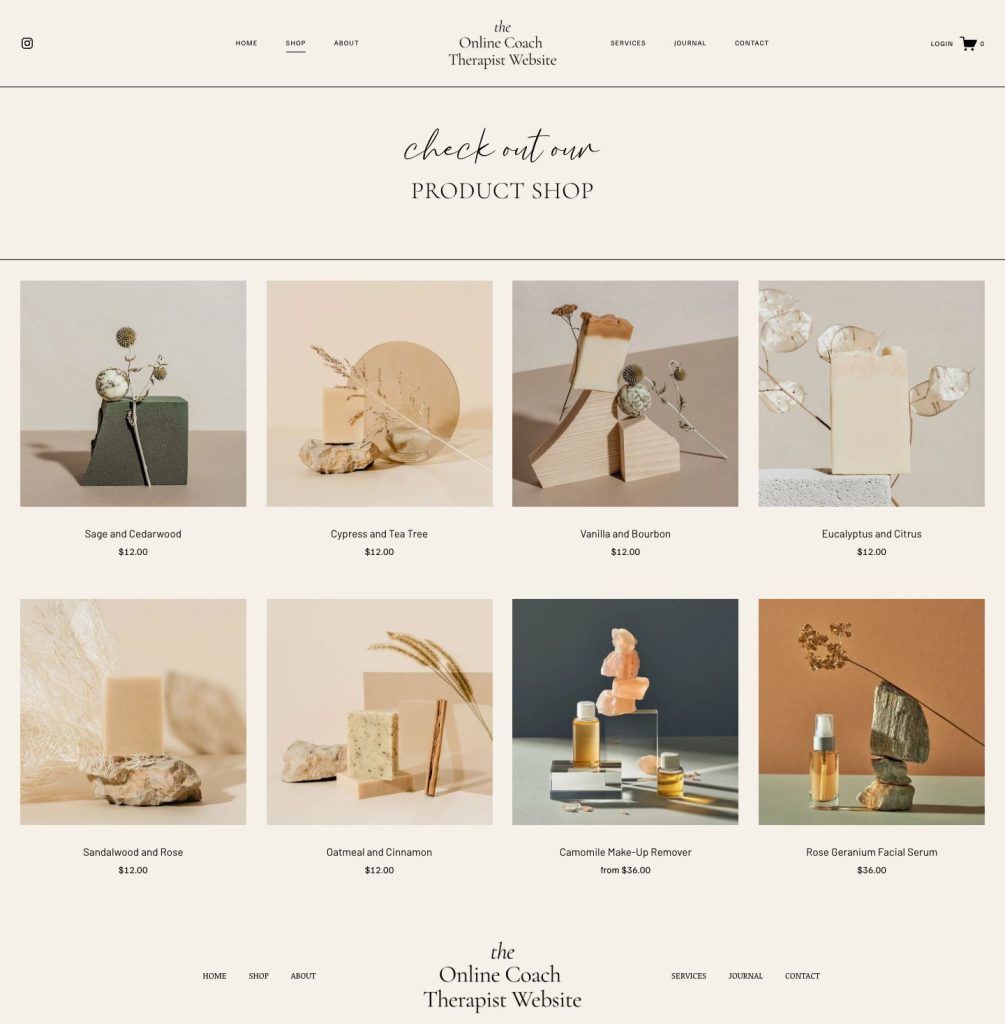 The Shop page of the Serene Squarespace template