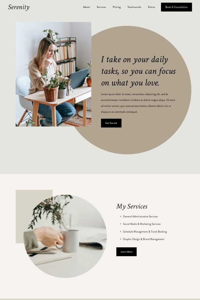 The Serenity Squarespace template, shown on its live demo