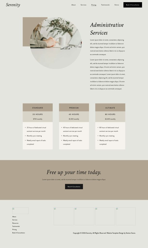 The Administrative Services page of the Serenity Squarespace template