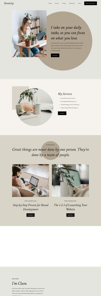 The Home page of the Serenity Squarespace template