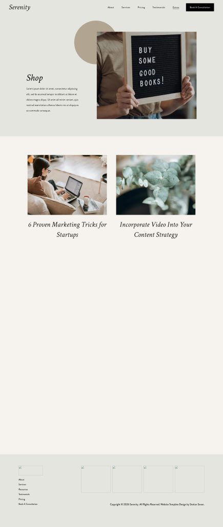 The Resources page of the Serenity Squarespace template