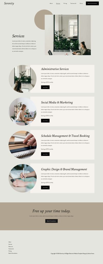 The Services page of the Serenity Squarespace template