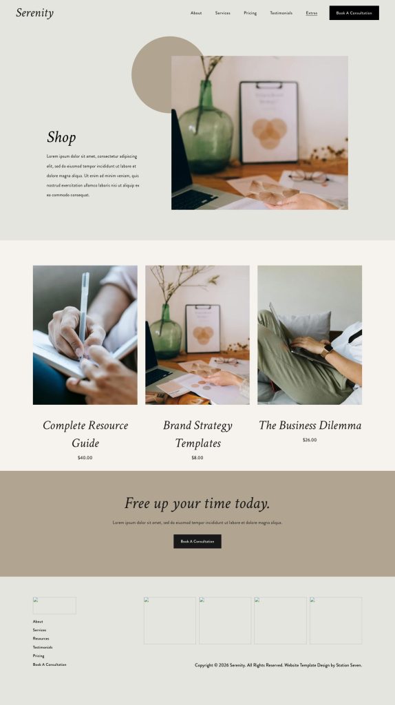 The Shop page of the Serenity Squarespace template