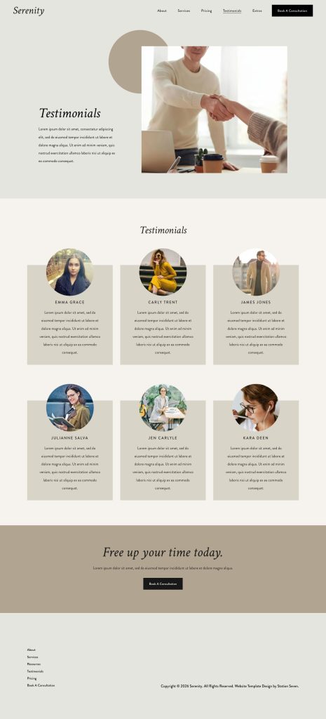 The Testimonials page of the Serenity Squarespace template