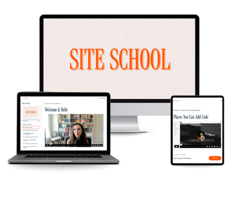 The Site School course shown on a desktop, a laptop and a tablet, with a lesson video open
