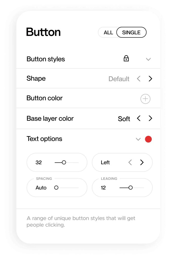 Spark Plugin's button panel: an All / Single toggle, then rows for button styles, shape, button colour, base layer colour and text options, with sliders for size, spacing and leading