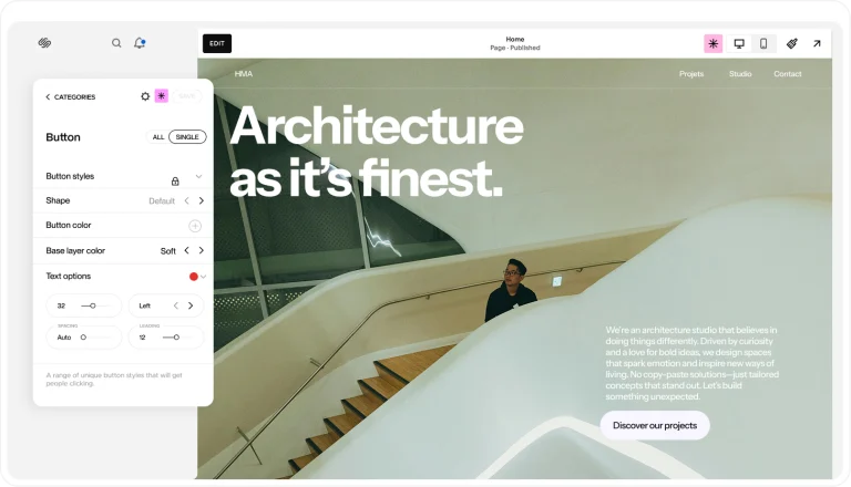 An architecture studio's Squarespace page in the editor, with Spark Plugin's panel open to the left showing button controls — style, shape, colour, base layer colour and text options with size, alignment, spacing and leading