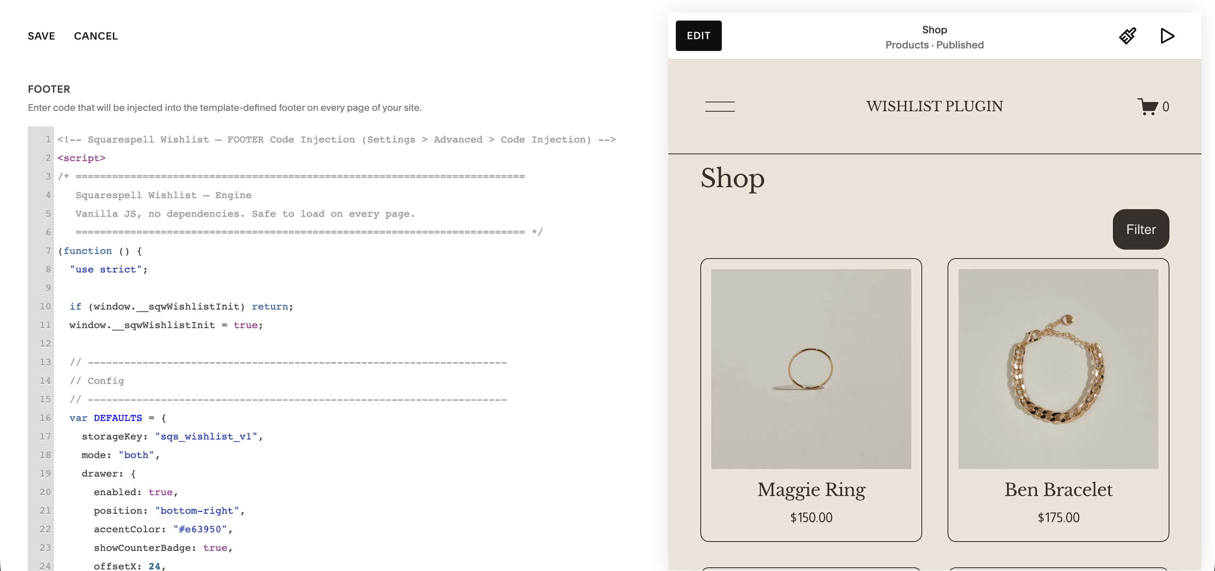 Squarespace Code Injection Footer field with the wishlist footer code pasted in