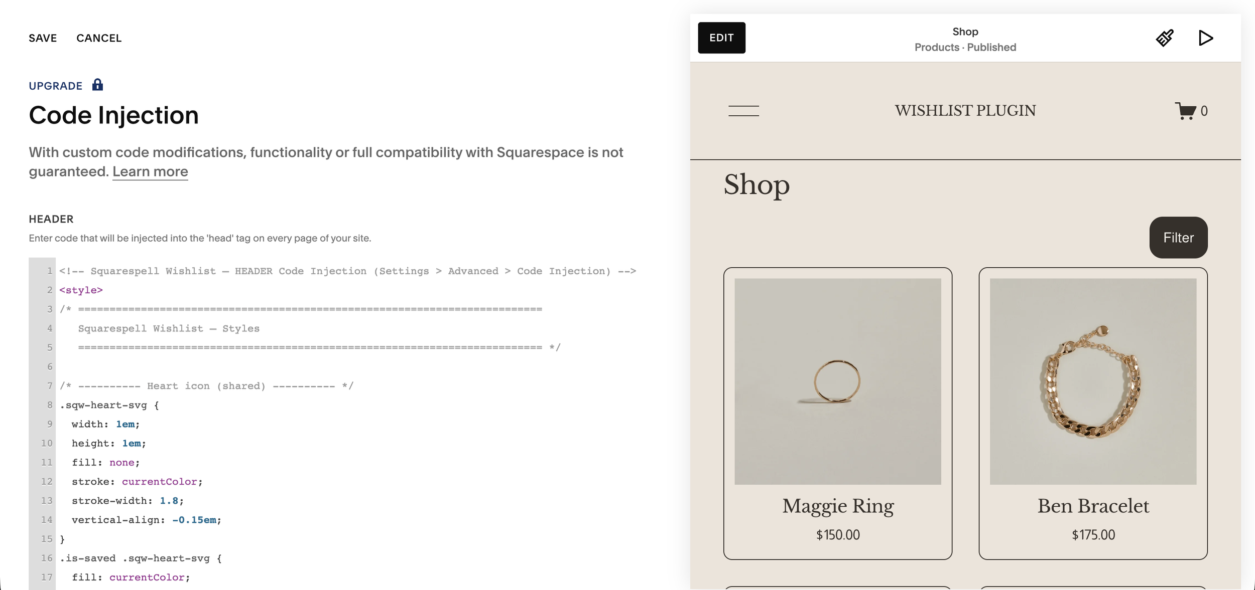 Squarespace Code Injection Header field with the wishlist header code pasted in