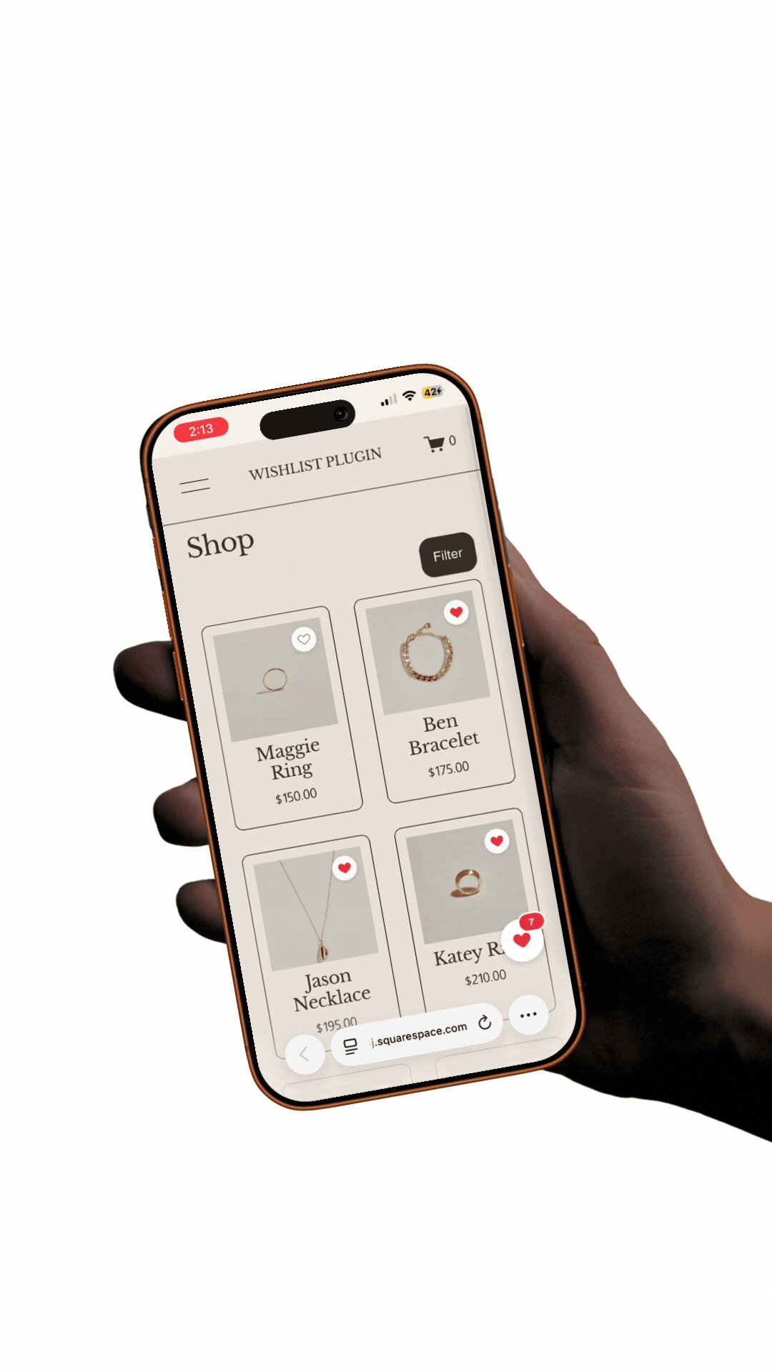 Hand holding a phone showing a Squarespace shop grid, with a red wishlist heart filled in on saved products and a saved-item count badge