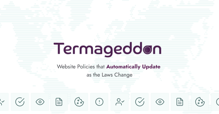 Termageddon's brand tile: the Termageddon wordmark above the line "Website Policies that Automatically Update as the Laws Change", over a faint world map and a row of policy icons