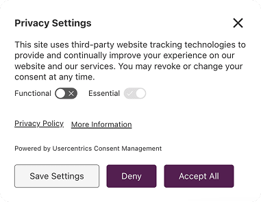Termageddon's cookie consent banner: a Privacy Settings panel explaining third-party tracking technologies, toggles for Functional and Essential cookies, links to the privacy policy and more information, and Save Settings, Deny and Accept All buttons, marked as powered by Usercentrics Consent Management