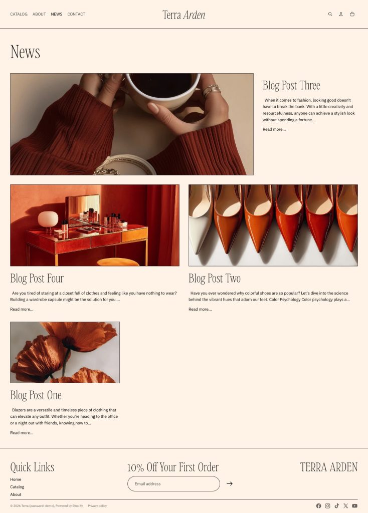 The Blog page of the Terra Arden template