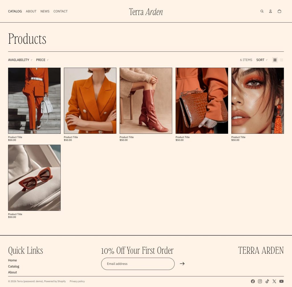 The Catalogue page of the Terra Arden template