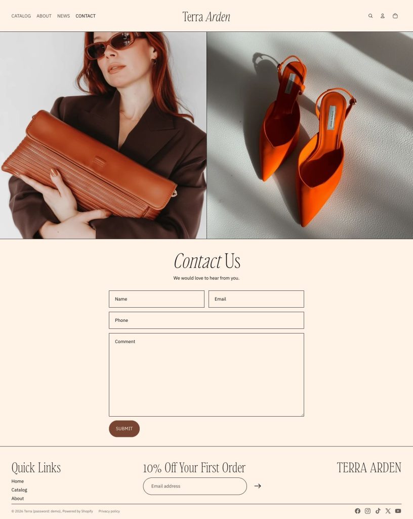 The Contact page of the Terra Arden template
