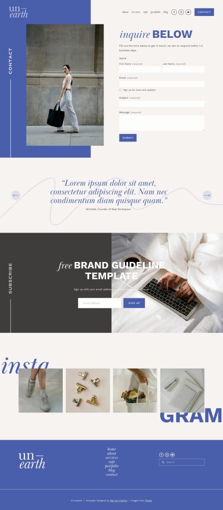 The Unearth Contact page, top to bottom