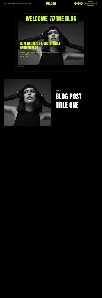 The Blog page of the Velora Squarespace template