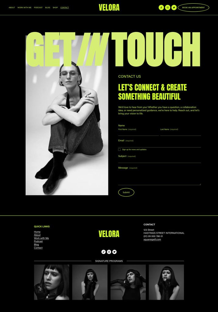The Contact page of the Velora Squarespace template