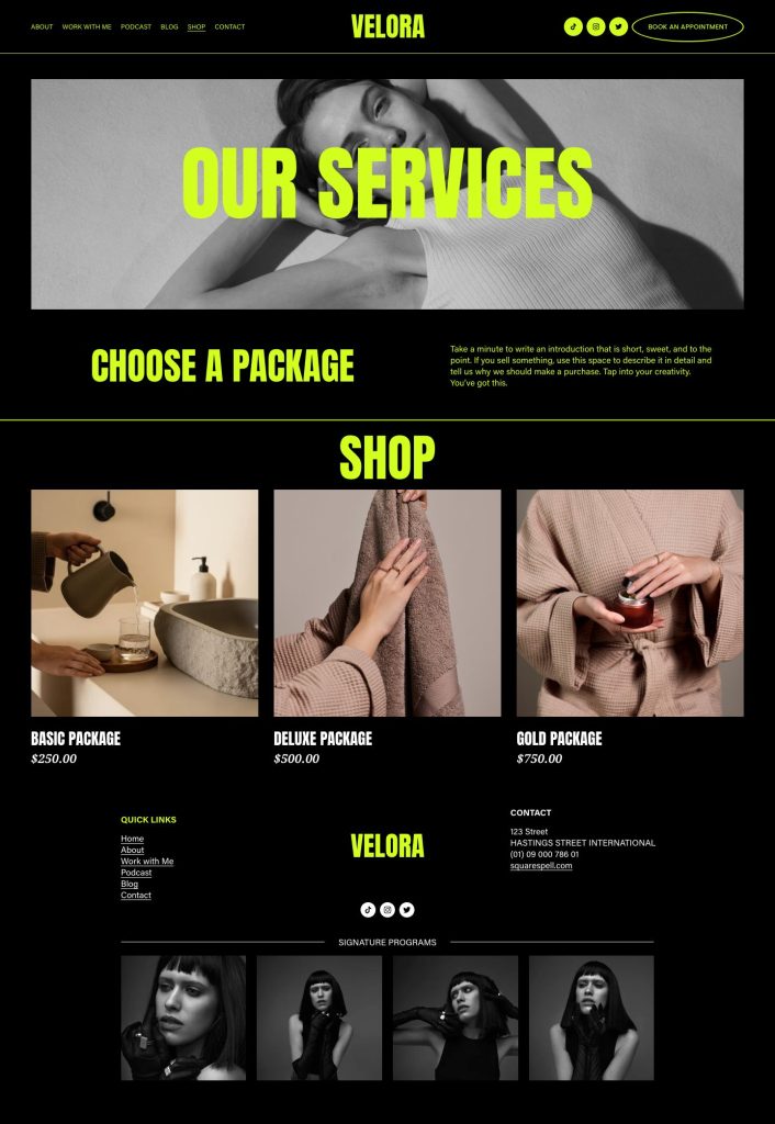 The Shop page of the Velora Squarespace template