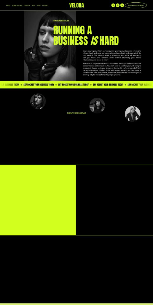 The Work With Me page of the Velora Squarespace template