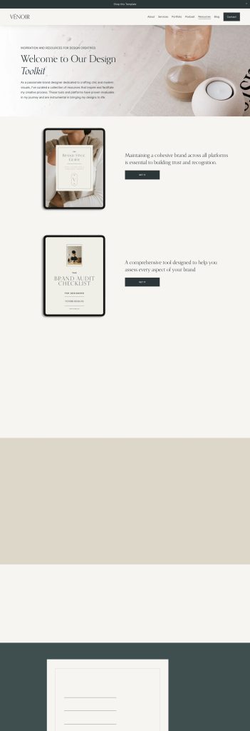 The Resources page of the Venoir template