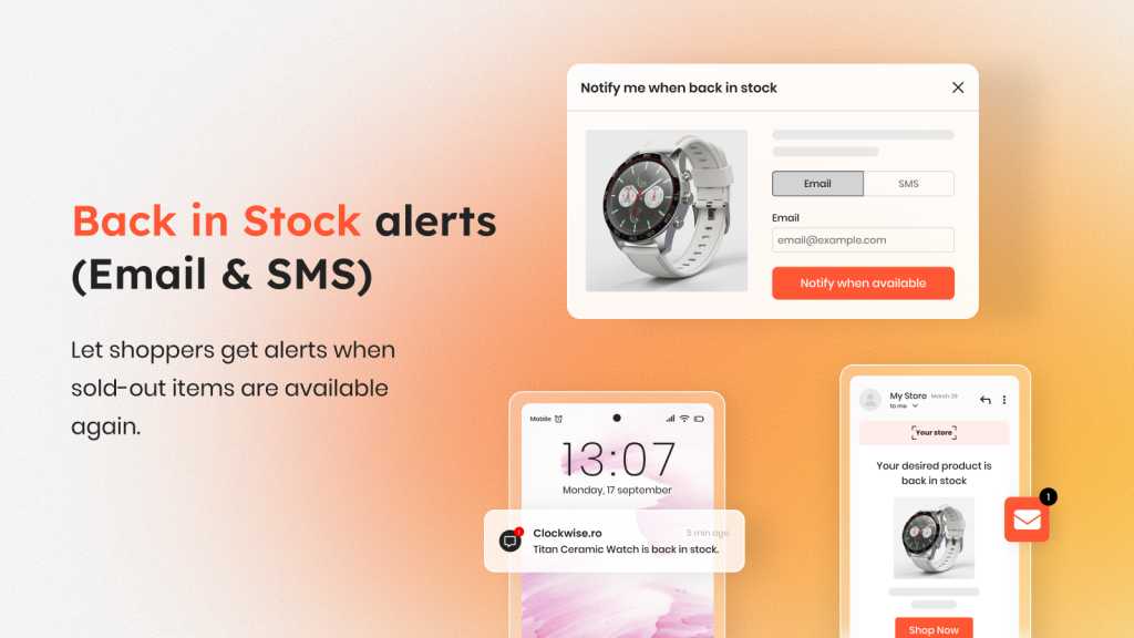 Vitals' back-in-stock feature: a "Notify me when back in stock" panel with Email and SMS tabs and a "Notify when available" button, beside a phone showing a lock-screen notification reading "Titan Ceramic Watch is back in stock" and a mobile store page announcing that a desired product is back in stock